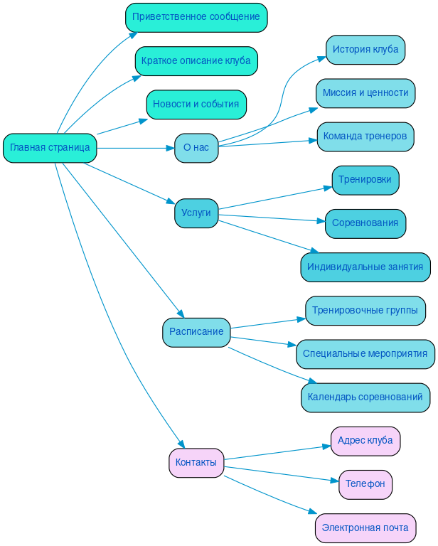 Структура сайта спортивного клуба, секция в формате mindmap